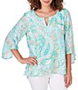 Color:Clear Blue Multi - Image 4 - Petite Size Printed Knit Turkish Keyhole Bar Detail 3/4 Flounce Sleeve Top
