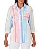 Color:White Multi - Image 1 - Petite Size Stripe Print Roll-Tab Sleeve Boyfriend Shirt