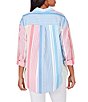Color:White Multi - Image 2 - Petite Size Stripe Print Roll-Tab Sleeve Boyfriend Shirt