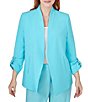 Color:Aruba Blue - Image 1 - Petite Size Wing Lapel Collar Long Roll-Tab Sleeve Open-Front Jacket