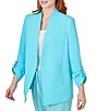 Color:Aruba Blue - Image 3 - Petite Size Wing Lapel Collar Long Roll-Tab Sleeve Open-Front Jacket