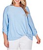 Color:Light Chambray - Image 1 - Plus Size Honeycomb Knit Crew Neck Gathered Front Hem 3/4 Sleeve Top