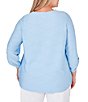 Color:Light Chambray - Image 2 - Plus Size Honeycomb Knit Crew Neck Gathered Front Hem 3/4 Sleeve Top
