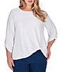 Color:White - Image 1 - Plus Size Honeycomb Knit Crew Neck Gathered Front Hem 3/4 Sleeve Top