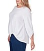 Color:White - Image 3 - Plus Size Honeycomb Knit Crew Neck Gathered Front Hem 3/4 Sleeve Top