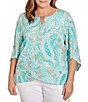 Color:Clear Blue Multi - Image 1 - Plus Size Printed Knit Turkish Keyhole Bar Detail 3/4 Flounce Sleeve Top