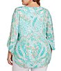 Color:Clear Blue Multi - Image 2 - Plus Size Printed Knit Turkish Keyhole Bar Detail 3/4 Flounce Sleeve Top