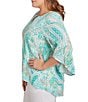 Color:Clear Blue Multi - Image 3 - Plus Size Printed Knit Turkish Keyhole Bar Detail 3/4 Flounce Sleeve Top