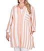 Color:Cantaloupe Multi - Image 1 - Plus Size Linen Blend Striped Point Collar 3/4 Roll-Tab Button-Front Long Shirt