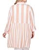 Color:Cantaloupe Multi - Image 2 - Plus Size Linen Blend Striped Point Collar 3/4 Roll-Tab Button-Front Long Shirt