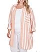 Color:Cantaloupe Multi - Image 3 - Plus Size Linen Blend Striped Point Collar 3/4 Roll-Tab Button-Front Long Shirt