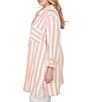 Color:Cantaloupe Multi - Image 4 - Plus Size Linen Blend Striped Point Collar 3/4 Roll-Tab Button-Front Long Shirt