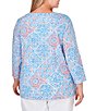 Color:Capri Multi - Image 2 - Plus Size Tile Print Knit Embroidered Notch Neck 3/4 Sleeve Top