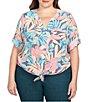 Color:Midnight Multi - Image 1 - Plus Size Tropical Print Notch Neck 3/4 Roll-Tab Sleeve Button Tie Front Shirt