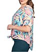 Color:Midnight Multi - Image 3 - Plus Size Tropical Print Notch Neck 3/4 Roll-Tab Sleeve Button Tie Front Shirt
