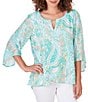 Color:Clear Blue Multi - Image 1 - Printed Knit Turkish Keyhole Bar Detail 3/4 Flounce Sleeve Top
