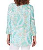 Color:Clear Blue Multi - Image 2 - Printed Knit Turkish Keyhole Bar Detail 3/4 Flounce Sleeve Top