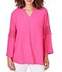 Color:Raspberry - Image 1 - Solid Split V-Neck 3/4 Lace Inset Bell Sleeve Top
