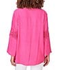 Color:Raspberry - Image 2 - Solid Split V-Neck 3/4 Lace Inset Bell Sleeve Top