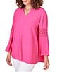 Color:Raspberry - Image 4 - Solid Split V-Neck 3/4 Lace Inset Bell Sleeve Top