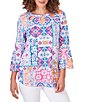 Color:Ultramarine Multi - Image 1 - Stretch Crepe Knit Printed Cut-Out Crew Neck 3/4 Bell Sleeve Eclectic Top