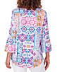 Color:Ultramarine Multi - Image 2 - Stretch Crepe Knit Printed Cut-Out Crew Neck 3/4 Bell Sleeve Eclectic Top