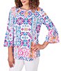 Color:Ultramarine Multi - Image 3 - Stretch Crepe Knit Printed Cut-Out Crew Neck 3/4 Bell Sleeve Eclectic Top