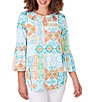 Color:Clear Blue Multi - Image 1 - Stretch Crepe Knit Printed Cut-Out Crew Neck 3/4 Sleeve Top
