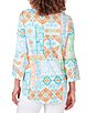 Color:Clear Blue Multi - Image 2 - Stretch Crepe Knit Printed Cut-Out Crew Neck 3/4 Sleeve Top