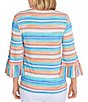 Color:Millennium Multi - Image 2 - Striped Print Scoop Neck Pleated Bell Sleeve Tie Front Shirt