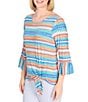 Color:Millennium Multi - Image 3 - Striped Print Scoop Neck Pleated Bell Sleeve Tie Front Shirt