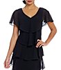 Color:Black - Image 3 - Jewel V-Neck Short Sleeve Georgette Tiered Capelet Shift Dress