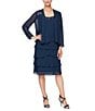 Color:Deep Navy - Image 1 - Sequin Detail Scoop Neck Long Sleeve Chiffon Tiered 2-Piece Jacket Dress