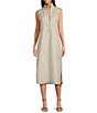 Color:Silver - Image 1 - Metallic Linen Stand Collar Sleeveless Side Slit Midi Shirt Dress