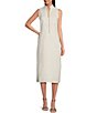 Color:White - Image 1 - Metallic Linen Stand Collar Sleeveless Side Slit Midi Shirt Dress