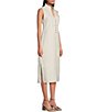 Color:White - Image 3 - Metallic Linen Stand Collar Sleeveless Side Slit Midi Shirt Dress