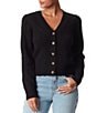 Color:Black - Image 1 - Julietta Ribbed Knit V-Neck Puff Sleeve Button Front Cardigan