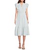 Color:Pastel Blue - Image 1 - Kenna Pleated V-Neck Ruffle Cap Sleeves Cinched Waist Midi A-Line Dress
