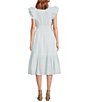 Color:Pastel Blue - Image 2 - Kenna Pleated V-Neck Ruffle Cap Sleeves Cinched Waist Midi A-Line Dress