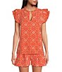 Color:Tigerlilly - Image 1 - Rey V-Neck With Ruffle Trim Short Pleat Sleeve Blouse