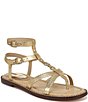Color:Gold - Image 1 - Talya Metallic Strappy Gladiator Logo Charm Stud Detail Thong Sandals