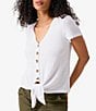 Color:White - Image 1 - By My Side V Neck Short Sleeve Button Tie Front Tee