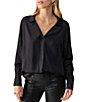 Color:Black - Image 1 - Crinkle Satin Point Collar V-Neck Long Sleeve Button Cuff Top