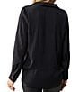 Color:Black - Image 2 - Crinkle Satin Point Collar V-Neck Long Sleeve Button Cuff Top