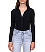 Color:Black - Image 1 - Dreamgirl Long Sleeve Point Collar Ruched Button Front Knit Top