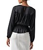 Color:Black - Image 2 - More Than Perfect Crinkle Sateen Smocked Waist Crew Neck Keyhole Button Back Long Sleeve Blouse