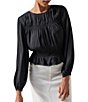 Color:Black - Image 4 - More Than Perfect Crinkle Sateen Smocked Waist Crew Neck Keyhole Button Back Long Sleeve Blouse