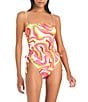 Color:Multi - Image 1 - Neon Swirl Printed Square Neck Side Shirred One Piece Swimsuit