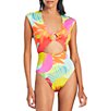 Color:Multi - Image 1 - Palm Hottie Tropical Print Cap Sleeve Plunge-V One Piece Swimsuit
