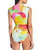 Color:Multi - Image 2 - Palm Hottie Tropical Print Cap Sleeve Plunge-V One Piece Swimsuit
